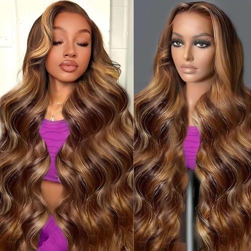 QZOQZO Ombre Lace Front Wig Human Hair 13x6 Highlight Body Wave Wig Human Hair 180% Density 4/27 Colored Honey Blonde HD Lace Frontal Glueless Wigs For Women 28inch