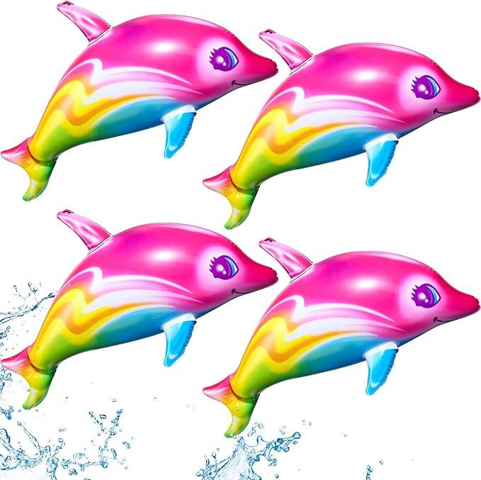 Zhanmai Dolphin Rainbow Inflatable Pool Toy 36 Inch summer Colorful Pink Poolside Aquatic Themed Decor Inflate Pool Beach Birthday Party Decoration(4 Pieces)