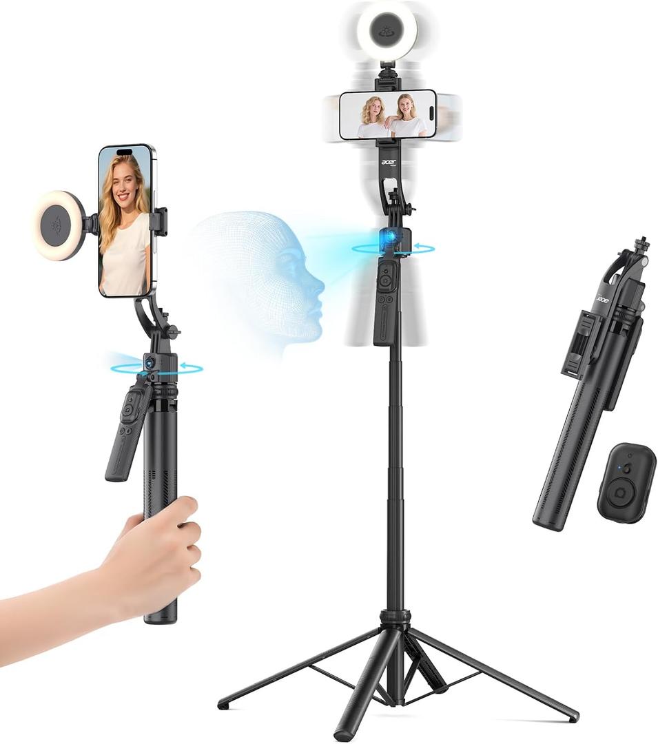 Acer Gadget Auto Face Tracking Tripod for iPhone/Cell Phone/Android/Camera with Light and Remote, 64", No App, 360Rotating Tripod Selfie Stick for Tiktok YouTube Vlog Live Streaming Video Recording
