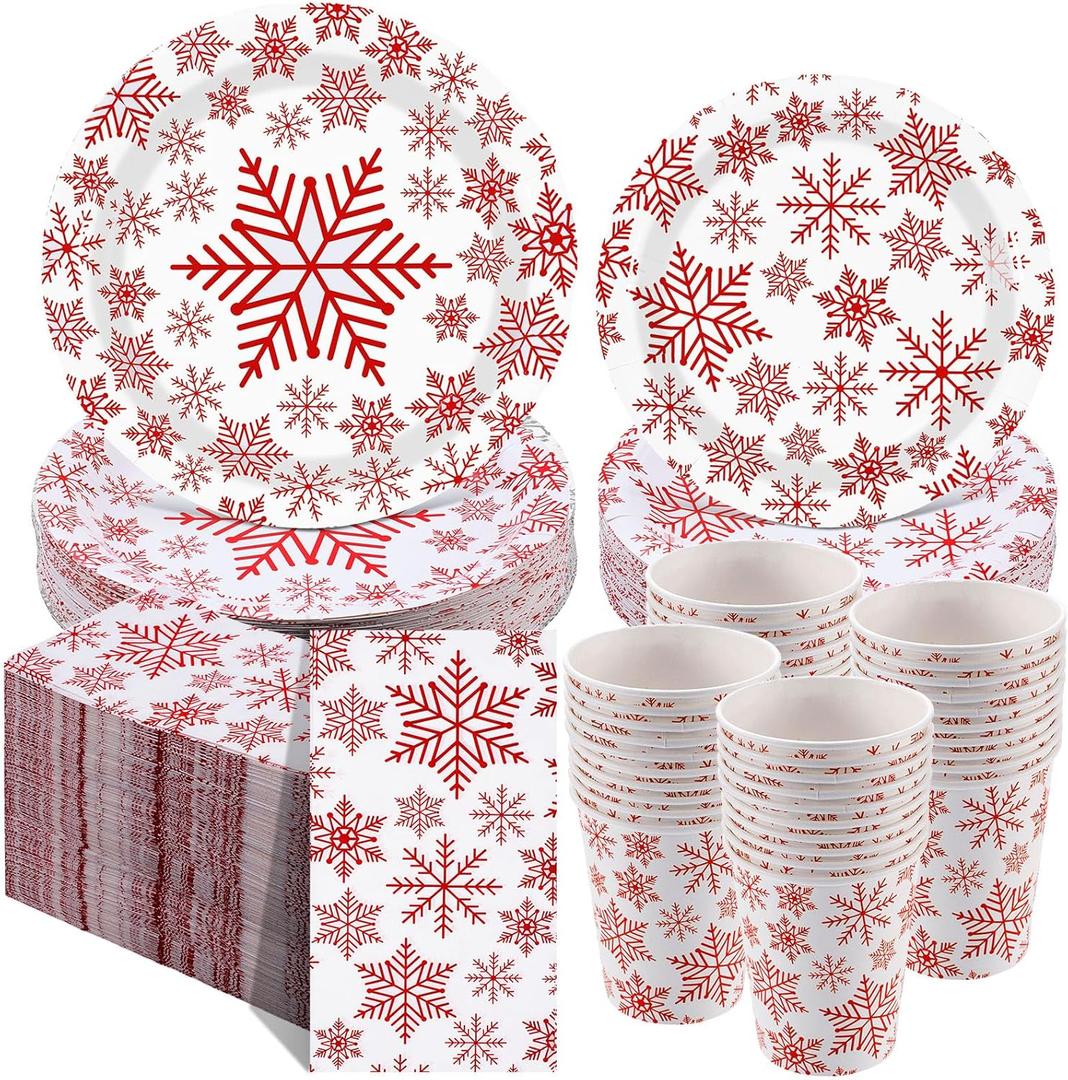 Pickmesh 250 Pcs Christmas Dinnerware Set Snowflake Disposable Paper Plates Napkins and Cups Xmas Luncheon Dinner Tableware for Winter Christmas Birthday Party Supplies Table Decor