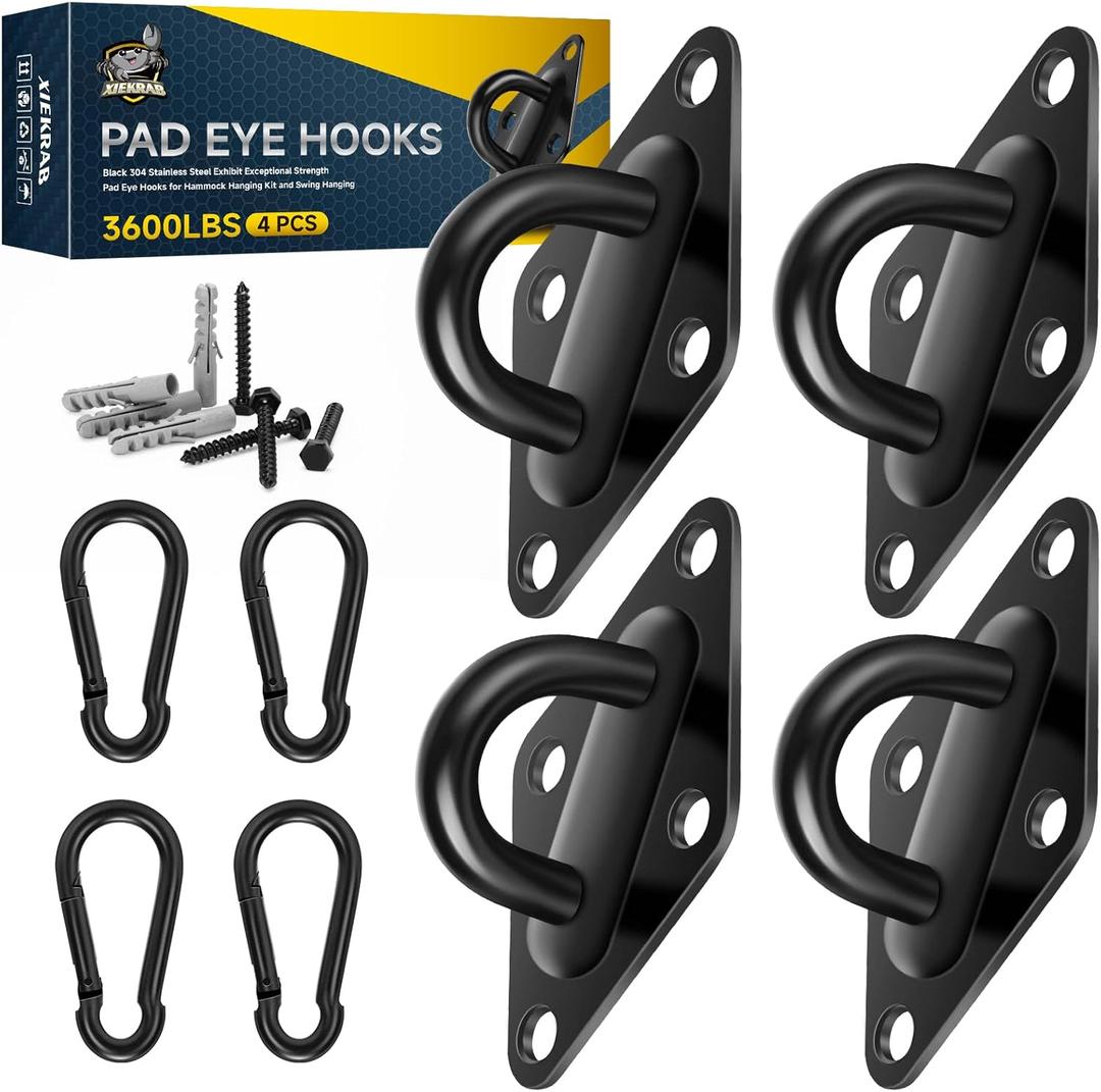 Hammock Hooks Hanging kit- Hammock Hooks Heavy Duty with 4Pcs M10 304 Stainless Steel Pad Eye Hooks, 4Pcs 10MM Snap Hooks,16Pcs Heavy-Duty Screws- Hammock hook for Wall/Ceiling Mount Indoor & Outdoor