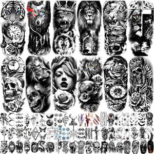 82 Sheets Temporary Tattoo for Men Women Adults, Include 12 Sheets Black 3D Half Sleeve Temporary Tattoos, Halloween Tattoos Scary Lion Wolf Tiger Skull Skeleton Tattoos Stickers