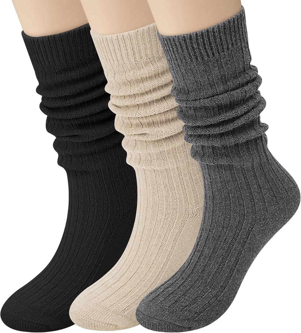 Loritta Wool Socks for Women Winter Warm Long Scrunch Sock Cable Knit Knee High Boot Slouchy Socks (Dark Grey/Beige/Black)