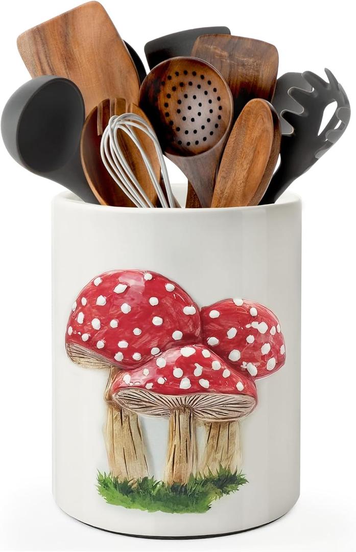 3 x pinata Embossed Mushroom Kitchen Decor Ceramic Utensil Holder, Cute Embossed Mushroom Utensils for Farmhouse Indoor Kitchen Decorations Rustic Farmhouse Decor (6.3 inch)