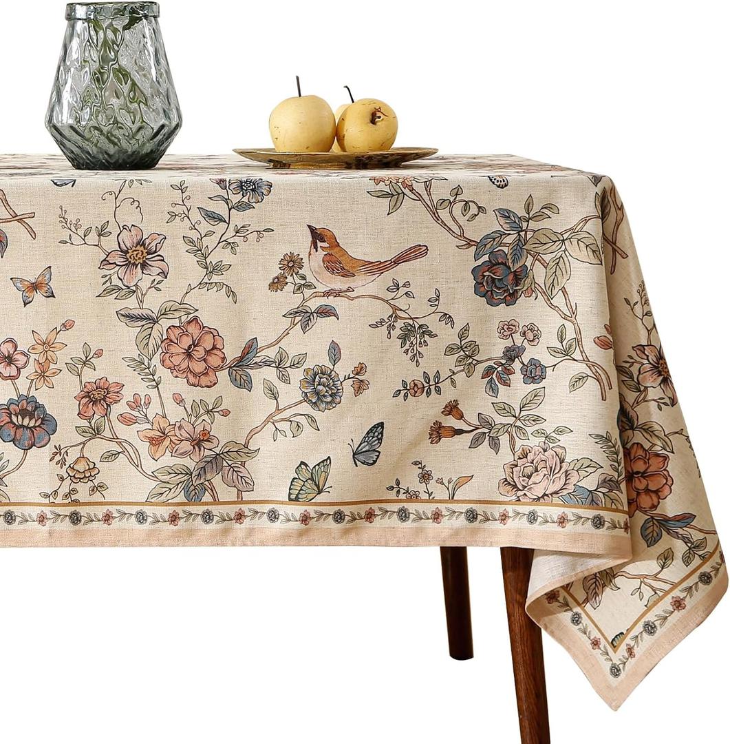 French Tablecloth for Rectangle Tables,Linen Table Cloth with Flowers and Birds Pattern,Heavy Durable Table Cover for Dining Thanksgiving Kitchen Decor Party Banquet Christmas,55"*71" (Cornucopia)