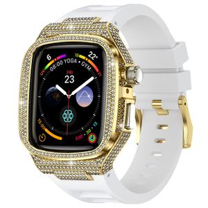 Bling Diamond Case with Band for Apple Watch 46mm 45mm 45mm 42mm, Compatible with Iwatch Series 11 10 9 8 7 6 5 4 SE3 2 1, Gold Case and Correa Para Apple Watch, Luxury Apple Watch Band for Man (Gold White, 46mm)