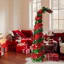 Whooshy Joy Pop Up Christmas Tree, 5FT Curved Christmas Tree, Collapsible Tinsel Tree, Green Xmas Decor Tree for Home, Apartment Porch Indoor Outdoor, Office Decoration (Green + Red)