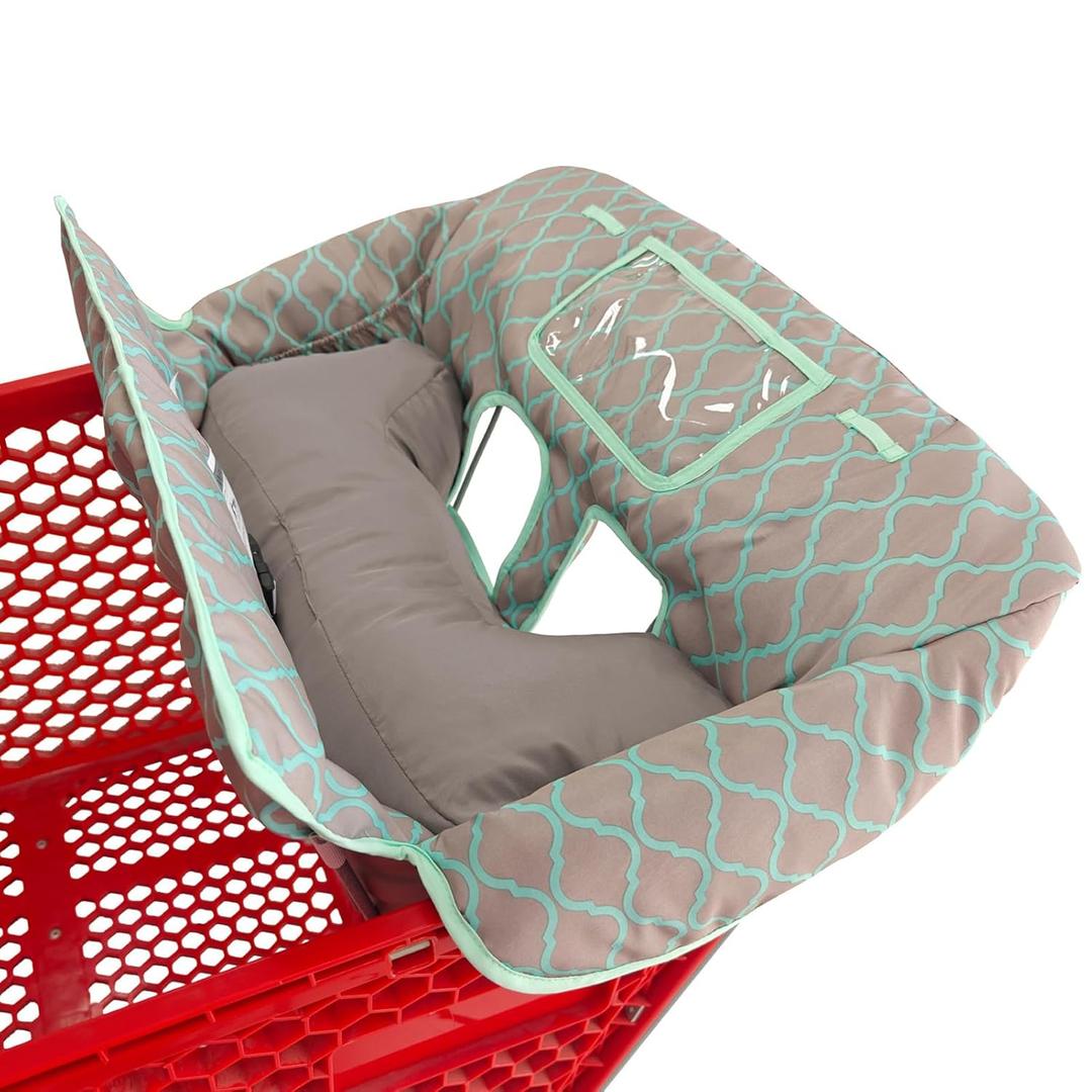 Love&go Soft Pillow Attached 2-in-1 Shopping Cart and High Chair Cover for Baby, Cotton Padded Cart Cover, Fold'n Roll Style, Portable with Carry Bag (Gray Grid)