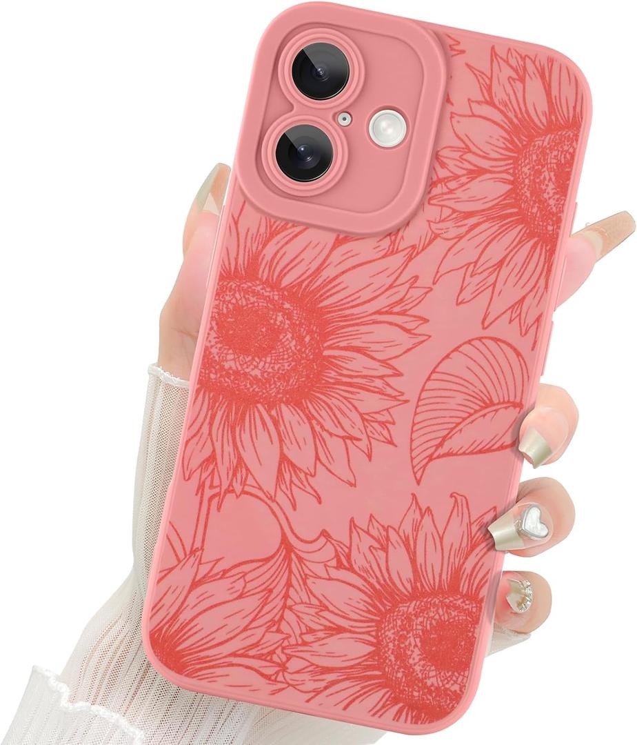 Fiyart Designed for iPhone 16 Plus Case Cute Flower Floral Sunflowers Design,Soft Slim TPU Anti-Scratch Phone Cover for Women Girls 6.7"-Pink