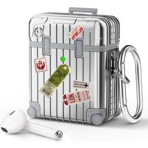 KOREDA Compatible with AirPods Case Cover, Funny Suitcase Design Case for Airpods 2nd Generation/1st Generation, Cute Fashion Protective Hard Case for Women Men with Keychain (Silver)