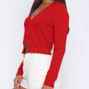 LEEDYA Women's Long Sleeve Cardigans Open Front Knit Cropped Sweaters Fall V Neck Button Down Jacket Tops (Red, M)