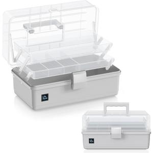 ARJudy 13in 3-Layer Adjustable Craft Organizer with Dividers - Portable Multipurpose Storage Box for Art Supplies, Sewing Kits, Medicine, and Home Utility, Foldable Clear Plastic Design with Handles (Grey)