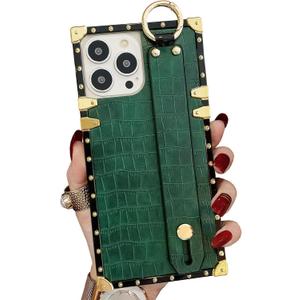 Compatible with iPhone 16 Pro Case Luxury Designer for Women Girls,Rectangle Crocodile Leather with Wristband Strap Kickstand Holder Protective Phone Cover for 16 Pro - 6.3 inch (Green)