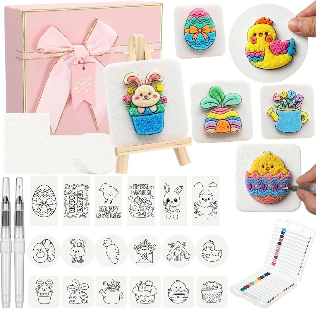 Ctosree 76 Pcs Easter Foam Texture Painting Kit 3D Magic Puffy Texture Painting Kit 48 Foam (18 Patterned/30 Blank) 24 Color Markers 2 Water Brushes Pink Gifts Box for DIY Easter Craft Supplies