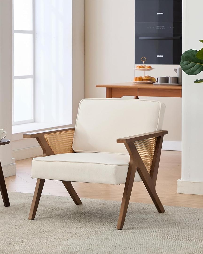 Linen Upholstered Accent Chair, Mid Century Modern Vintage Rattan Vanity Chair with Wood Armrest and Legs for Living Room Bedroom,Beige