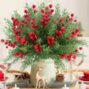 ICEROYCE 4 Bundles 140 Pcs Artificial Christmas Flowers with Red Berry Stems, Fake Norfolk Pine Garland Branches for Winter Decor, Faux Christmas Garland Tree Picks and DIY Crafts (Pine Foliage)