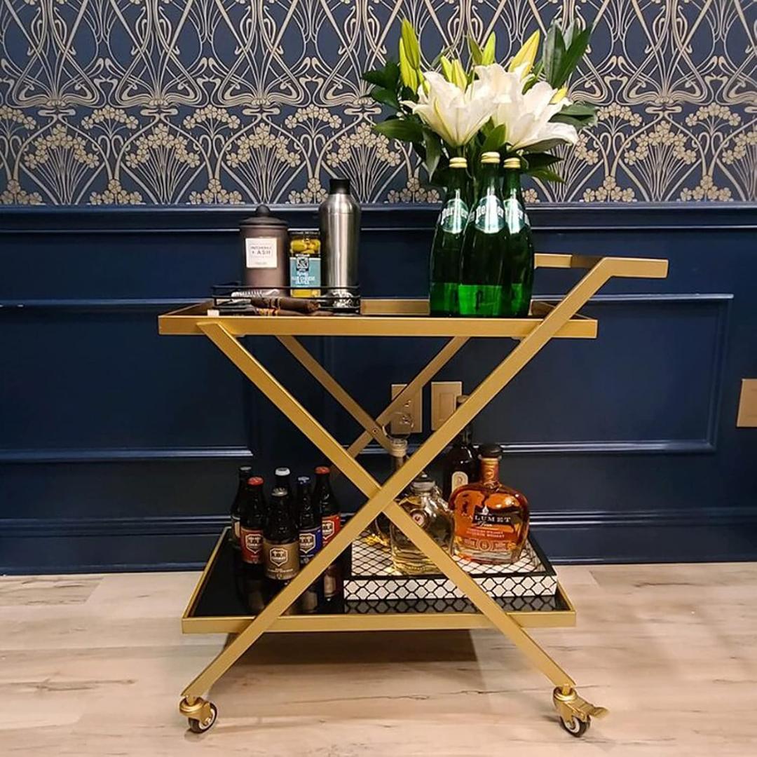 Crofy Gold Finish Bar Cart on Wheels, No-Tool Assembly 2-Tier Serving Cart with Black Tempered Glass Shelves & Locking Casters - Mobile Snack/Drink Cart for Home Bar, Kitchen, Parties, 29.7 x 17.3 x 31.1 inches