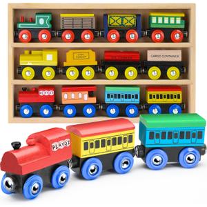 Wooden Train Set 12 PCS - Train Toys Magnetic Set Includes 3 Engines - Toy Train Sets For Kids Toddler Boys And Girls - Compatible With All Major Brands - Original - By Play22
