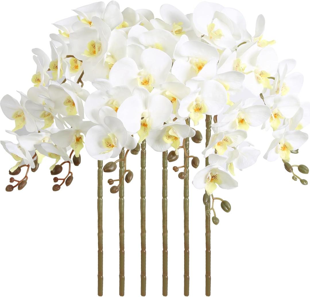 38" White Orchids Artificial Flowers Velvet Silk Orchids, 6 PCS Faux Orchids Long Stem Artificial Flowers for Tall Vase & Home Wedding Decoration(White)