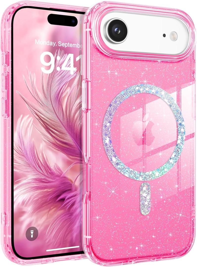 3 x BENTOBEN Magnetic for iPhone Air Case 2025, Clear Crystal Glitter Bling iPhone Air Phone Case [Compatible with MagSafe] Shockproof Sparkly Cute Women Girls Cover for iPhone 17 Air 6.5", Hot Pink