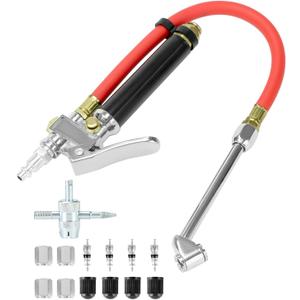 QWORK 10-120 PSI Tire Inflator Gauge - Dual Head Chuck, 12-Inch Hose, Leak-Free Valve Core, Chrome-Plated Cast Steel, with 4 Way Tool and Valve Cores Tire Pressure Gauge