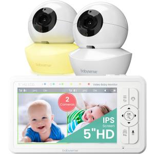 Babysense 5" HD Split-Screen Baby Monitor, Video Baby Monitor with 2 Cameras and Audio, Night Light, 1000ft Range, Two-Way Audio, 4X Zoom, Night Vision, 4000mAh Battery