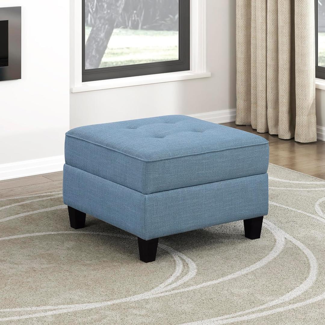 Lexicon Modern Ottoman with Hidden Storage, Textured Fabric Modular Square Ottoman Foot Rest with Button-Tufted Design for Living Room/Bedroom/Office, Blue