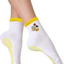Women's Cute Grip Pilates Socks Non-Slip Crew Yoga Barre Socks with Colored cuff & Embroidery (White)