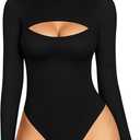 MANGOPOP Women's Mock Neck Cutout Front Bodysuit Long Sleeve Sleeveless Turtle Neck Body Suits Sexy Tops, S, Black