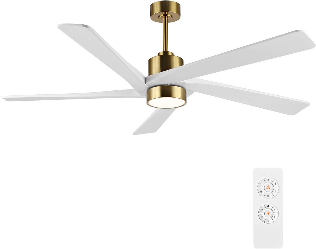 WINGBO 72 Inch DC Ceiling Fan with Lights and 3 Downrods, 5 Reversible Carved Wood Blades, 6-Speed Noiseless DC Motor, Large Ceiling Fan in Brass Finish with White Blades, ETL Listed