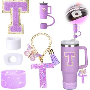 3 x Mity rain 6PCS Cup Accessories Set for Stanley Cup 30oz 40oz tumbler with handle, Including Silicone Straw Topper Cover Cap and Boot, Spill Proof Stopper, Handle Charm, Initials Sticker (Letter T)