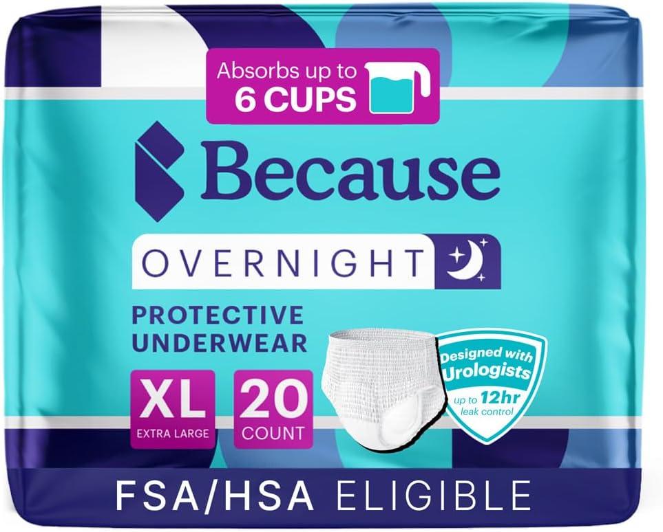 Because Overnight Absorbency Pull Ups - Adult Disposable Incontinence Underwear, Extra Absorbent Nighttime Briefs for Men and Women, White, XLarge, 20 Count