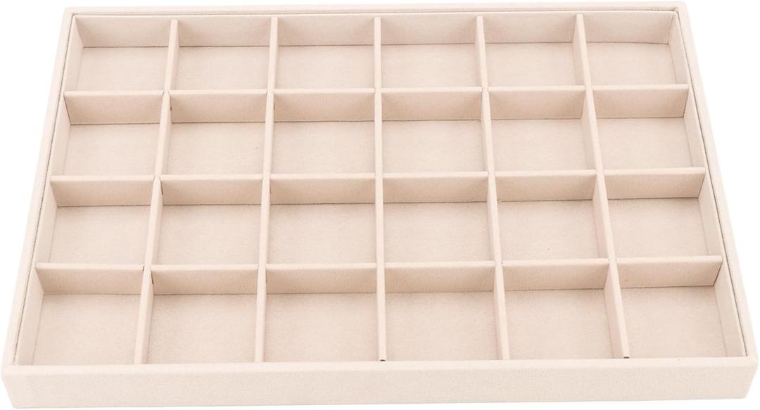 Large Velvet Jewelry Tray, Drawer Organizer for Jewelry in Dresser, Stackable Jewelry Drawer Organizer Inserts for Earring Necklace Bracelet Rings(Beige, 24 Grid), Pack of 2 