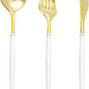 N9R 150Pcs Gold Plastic Silverware-Gold Disposable Utensils with White Handle-Disposable Silverware Heavy Duty with 50 Spoons, 50 Forks, 50 Knives for PartyBirthday and Everyday Use