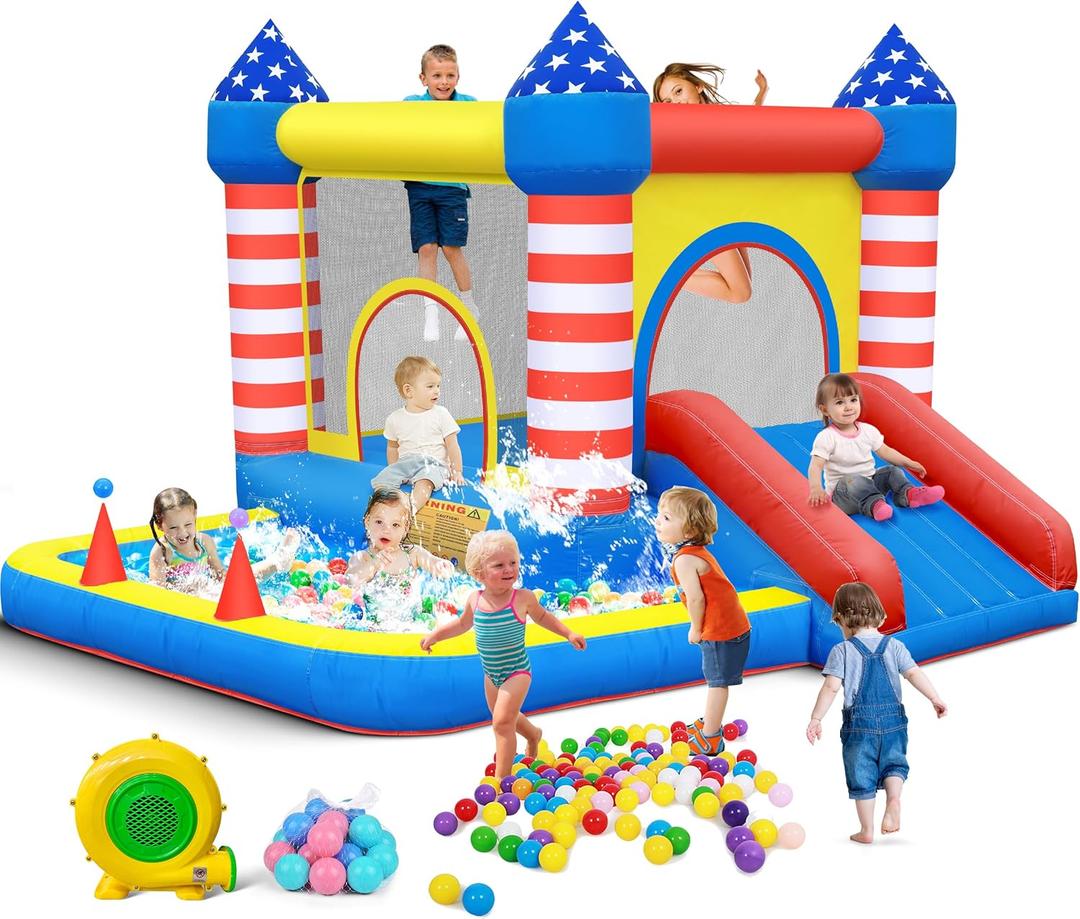 Culaluva Inflatable Bounce House: Bouncer Bouncy Castle 5 in 1 with Ball Pit & Slide for Kids Aged 3-8 - with 370W Blower & Storage Bag - Indoor Outdoor Play Stripes Style