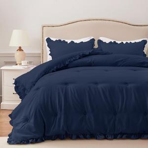 HARBOREST Twin Comforter Set Navy - Ruffle Comforter for Twin Size Bed, Fluffy Twin Size Comforter Set for All Seasons, 2 Pieces Shabby Chic Bedding Comforter Sets(1 Comforter & 1 Pillow Sham)