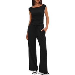 Darong Women 2 Piece Lounge Set Cap Sleeve Boat Neck Top Wide Leg Pants Set Summer Outfit Two Piece Mathing Set (Medium, Black(29" Inseam))