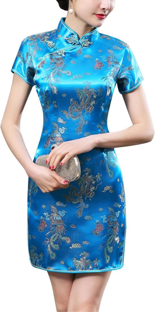 Traditional Cheongsam Costume Print High Slit Side Chinese New Year Party Cocktail Bodycon Short Dress (Medium, Dragon Blue)