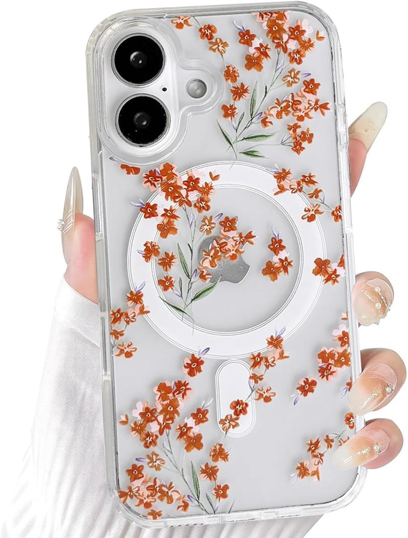 NITITOP Compatible with iPhone 16 Plus Case Clear Magnetic Compatible with MagSafe Cute Flowers Floral Leaves for Women Girls Hard PC Back Shockproof Protective Phone Cover - Orange