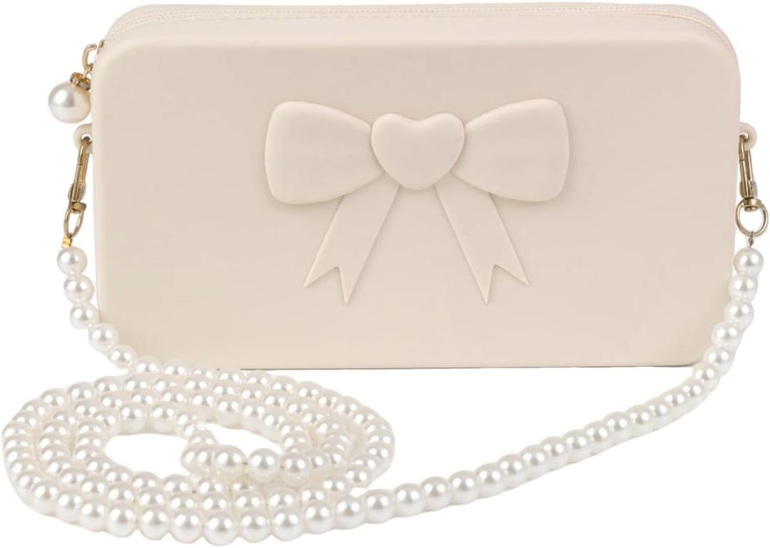 Mao'er Heart-Shaped Bows Pearl Shoulder Bags, Crossbody Purses, Clutches, Makeup Organizers for Everyday Essentials (Almost Mauve)