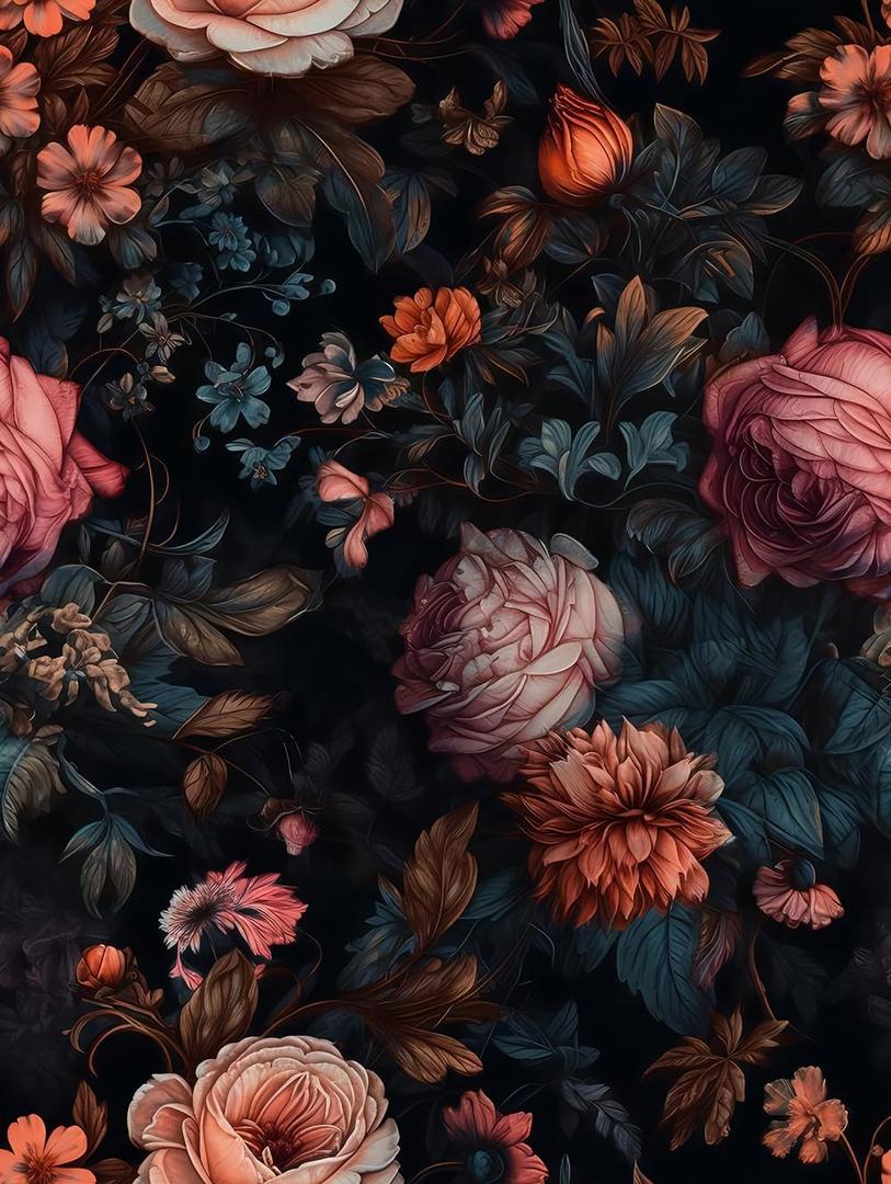 REDAMANCY Vintage Orange Pink Black Roses Floral Oil Painting Peel and Stick Wallpaper Stick on Contact Paper Vintage Wall Paper Easy Peel Off for nightstand Drawer Cabinet Renter (17.7" x 118")