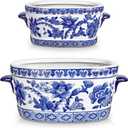 Blue and White Ceramic Planter Pot – Vintage Floral Oval Cachepot Vase for Indoor Plants, Flowers & Succulents – Glazed Chinese Porcelain Style Decorative Bowl – 7.4" and 10.6" Size – No Drainage