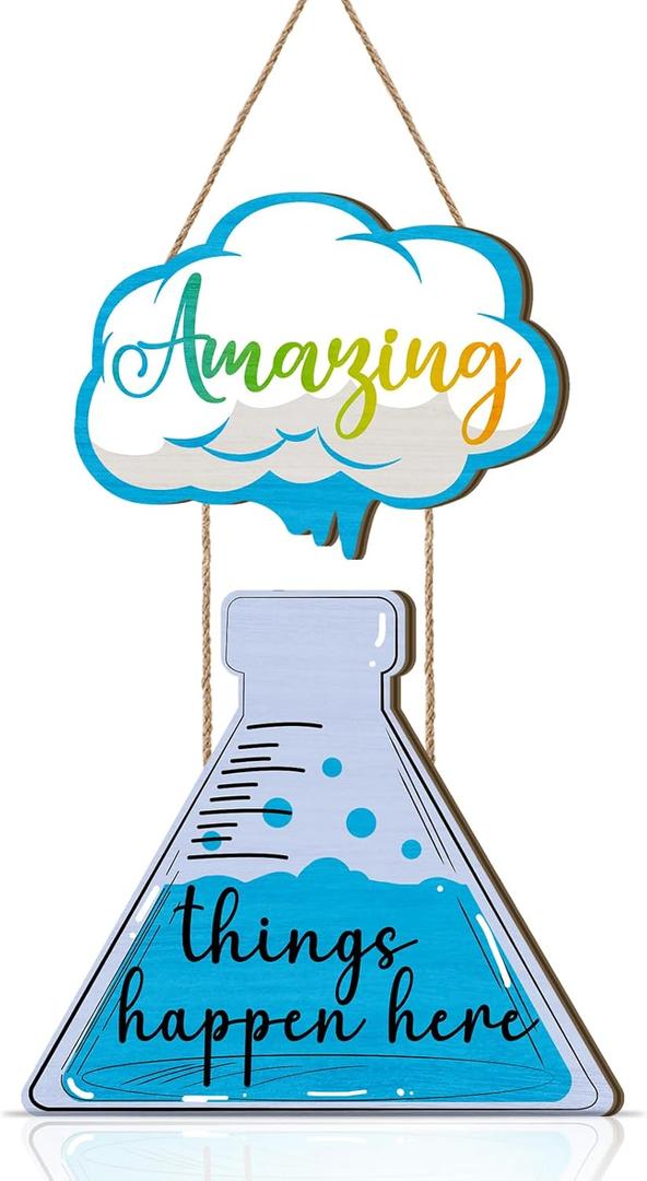 Classroom Door Decor,Amazing Things Happen Here Sign,Science Classroom Decor,Science Door Sign,Chemistry Decoration Laboratory,Blue Measuring Cup Wall Sign with Inspiring Quotes,School Plaque