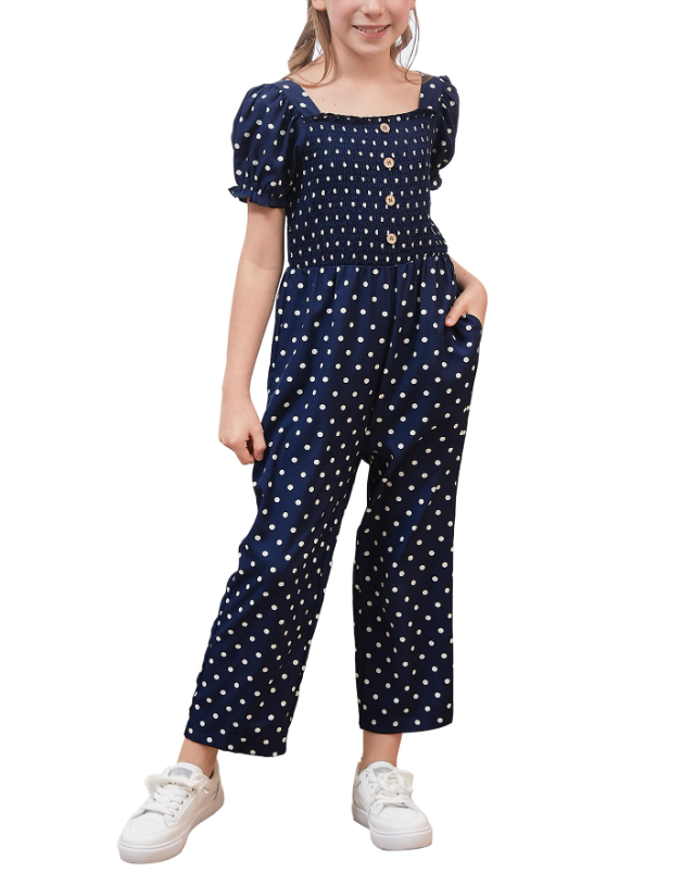 GORLYA Girls Puff Sleeve Casual Button Shirred Jumpsuit Outfits Straight Wide Leg Pant Jumper Rompers (GOR1199, 14Y, Navy Dot)