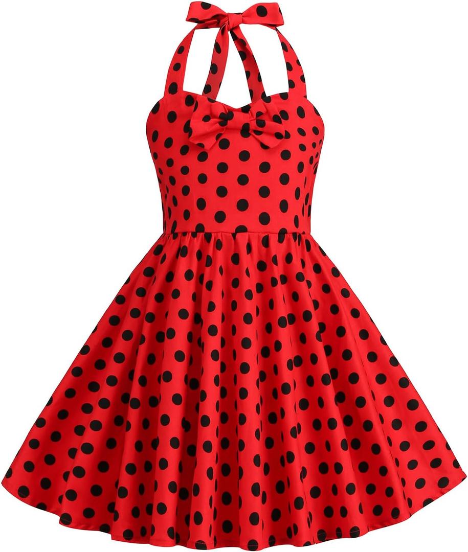 Kids Girls 50s Vintage Polka Dot Dress Retro Rockability Girls 1950s Princess Girl Dress Retro 1950s Dresses Kids Halter Party Dress for Carnival Christmas Dresses for Girls Polka Dot Red 9-10 Years
