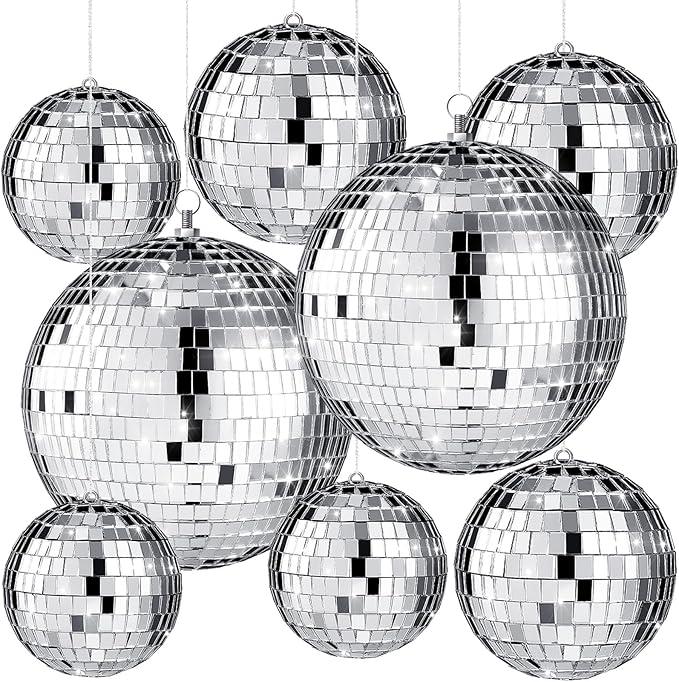 Haull 8 Pcs Large Disco Ball Set Silver Mirror Disco Reflective Ball with Hanging Ring Party Ornament Decoration for Stage Club Ballroom Dance Hall Wedding Prom Props(3'', 4'', 6'')