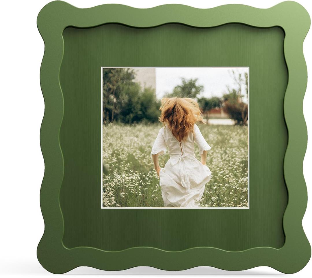 6x6 Picture Frame with Mat for 4x4, Wavy Edge Wooden Real Glass Photo Frame for Tabletop and Wall Hanging, Green, 1 Pack