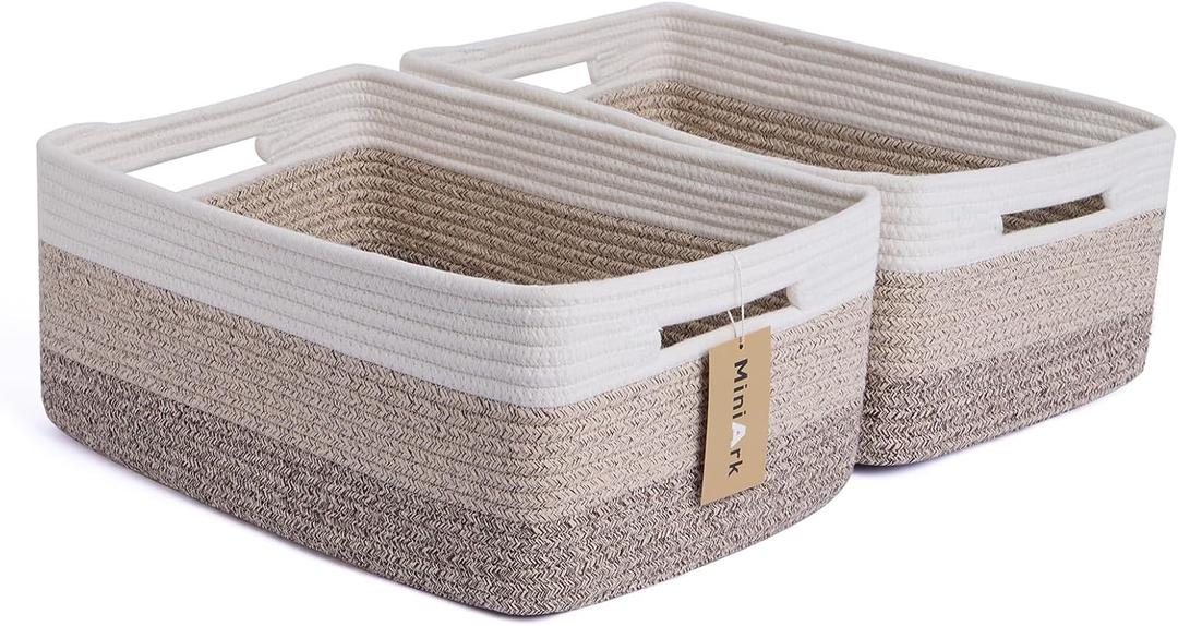 MiniArk Large Storage Baskets for Shelves, Closet Organizers Bins for Clothes Blanket Towels, Baby Nursery, Toy Baskets Box, Woven Rope Baskets, 17 x 13 x 7.5, 2 Packs Gradient Brown