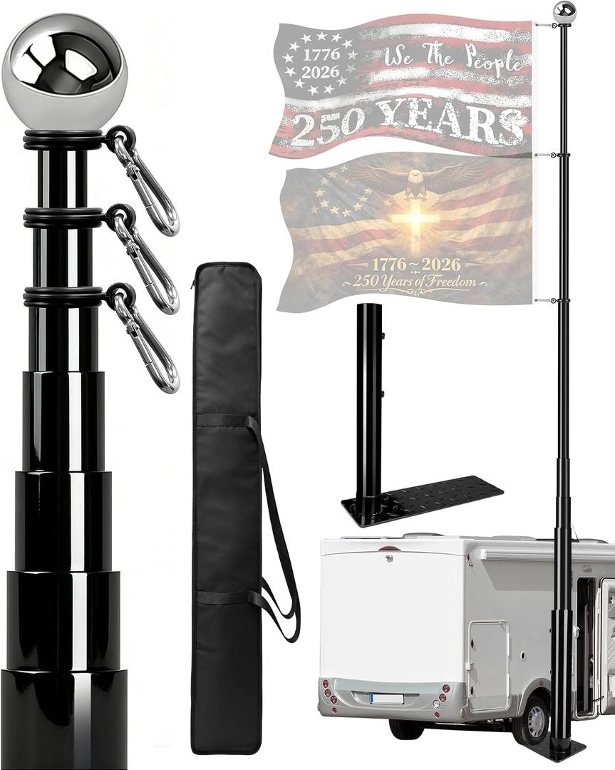 20FT Fiberglass Tailgate Flag Pole Kit with Tire Mount, RV Flagpole for Pickup, SUV, Camper & Camping, 360 Anti-Tangle Clips, Secure Pin Lock, Heavy Duty Wind Resistant, Portable Collapsible to 3.7FT