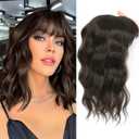 16 Inch Hair Topper for Women with Thinning Hair, Synthetic Curly Wavy Clip-In Topper with Wispy Bangs Natural Looking Crown Coverage Lightweight Hair Piece for Volume(Dark Brown)